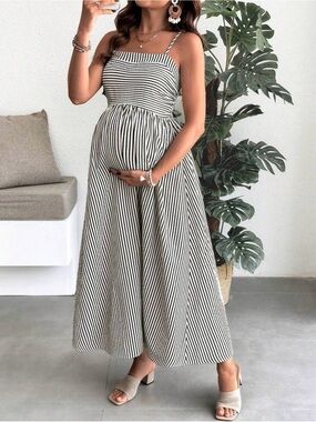 Striped Maternity Maxi Dress in Black & White
